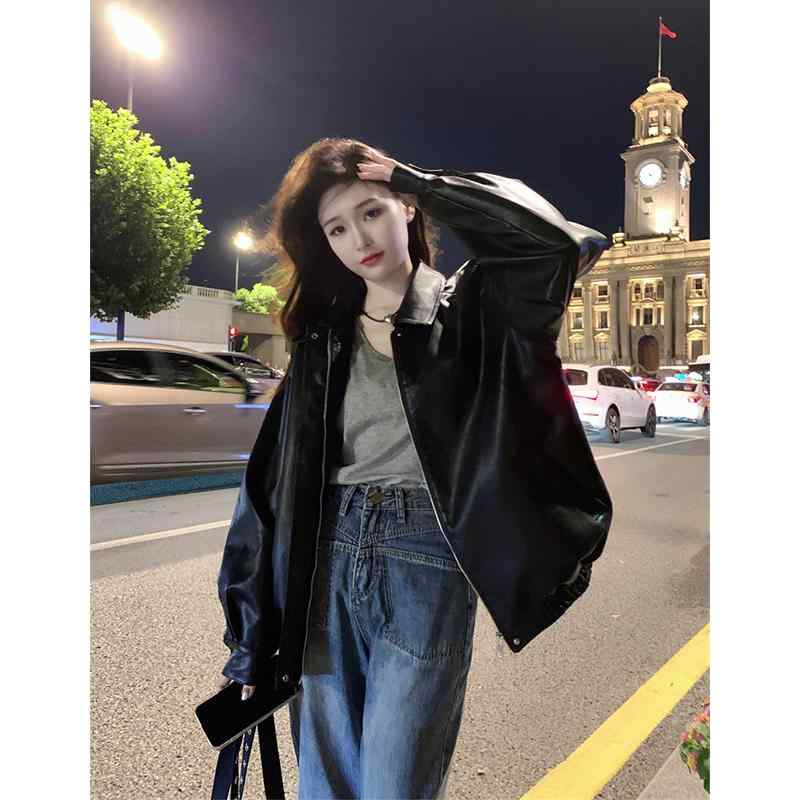 ジャケット レディース 秋 長袖 黒革 韓国 クール 塩 バイク