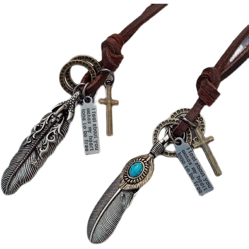 ネックレス レトロ エスニック レトロ シルバー 合金 ロング 牛革 ロープ ヒップ ホップ ファッション アクセサリー 冬 メンズペンダント レディース ジュエリー