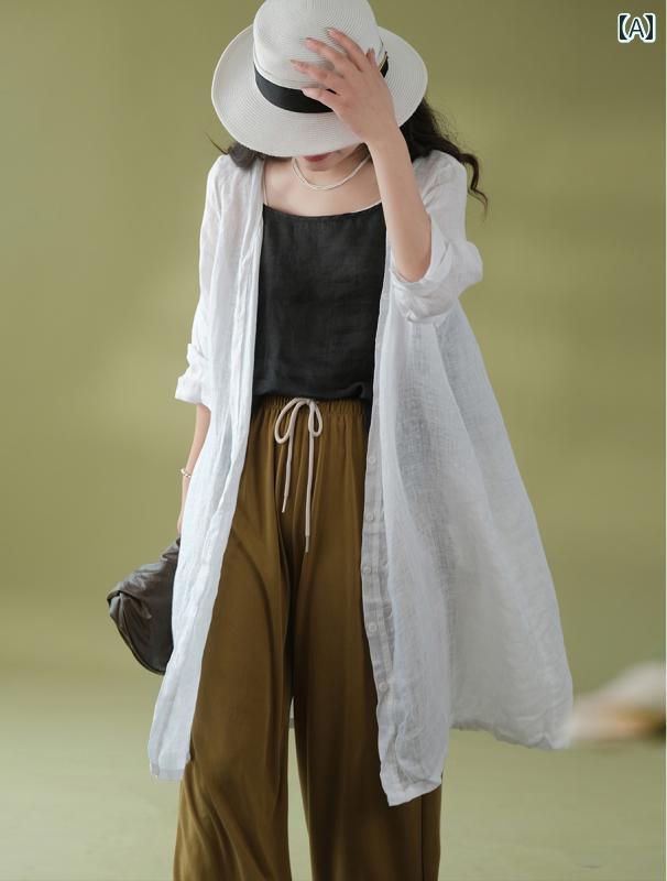 Linen, Hemp - レディース 夏 服 夏ウェア 丈 ホワイト リネンカーディガン 長袖 薄手 日焼け防止 シャツ コットンリネン トップス