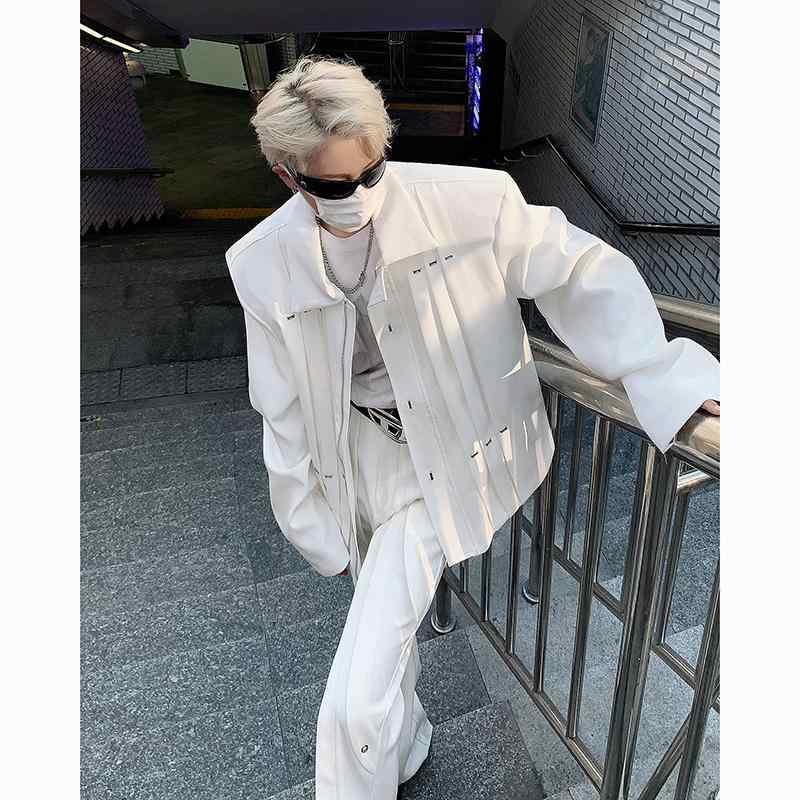 ジャケット メンズ カジュアル かっこいい プリーツ ショルダーパッド入り メタル スタッズ パッド入り ショート ハイエンド トップス