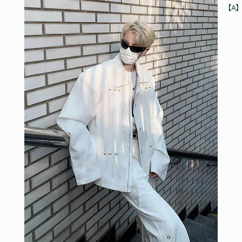 ジャケット メンズ カジュアル かっこいい プリーツ ショルダーパッド入り メタル スタッズ パッド入り ショート ハイエンド トップス