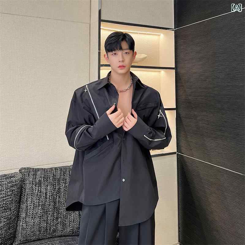 シャツ メンズ ゆったり おしゃれ ワークウェア ダーク マルチジッパー装飾 長袖シャツ ストリート 韓国 カジュアル ボタンシャツ