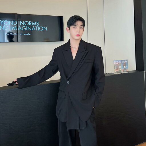 韓国 セットアップ ダブルカラー ジャケット メンズ アシンメトリー 肩パッド メンズ ブラック 韓国 セットアップ ダブルカラー ジャケット メンズ アシンメトリー 肩パッド メンズ ブラック