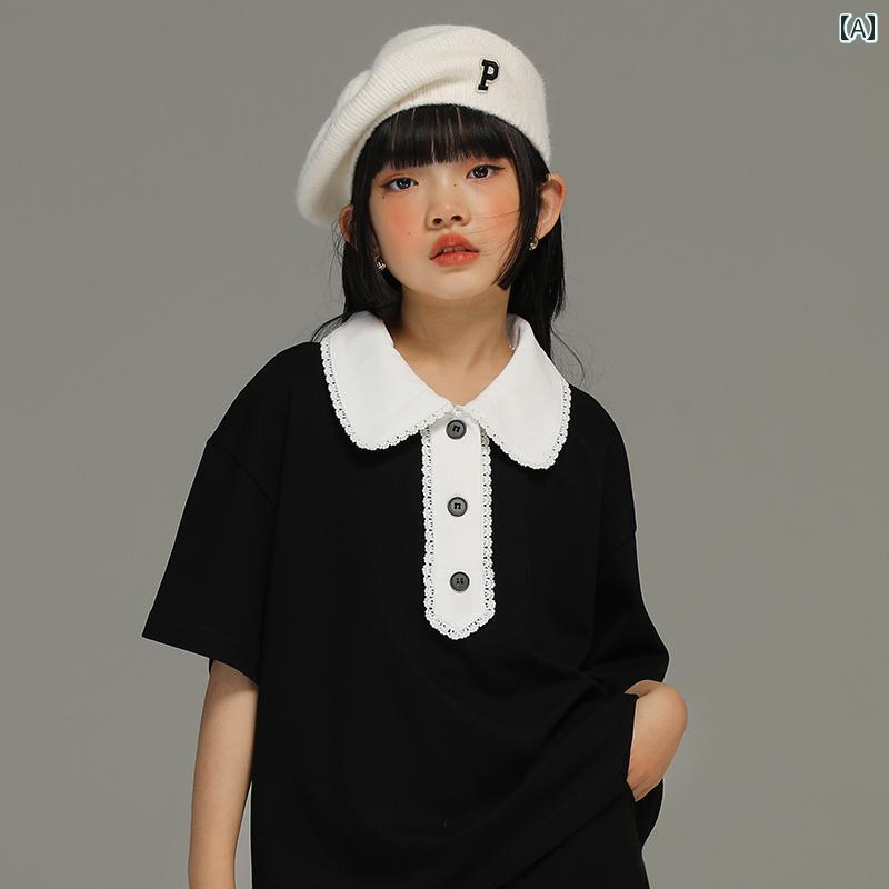 パンツ 子供服 おしゃれ キッズ 小さい 女の子 夏 薄手 スポーツ レジャー スーツ 子供用 コントラスト ポロシャツ Tシャツ 黒 ショート