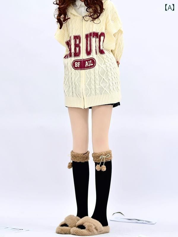 靴下 かわいい JK ウール ミドルカーフ ソックス 秋冬 ファーボール 暖かい 起毛 ...