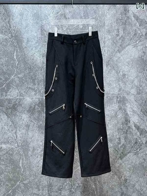 韓国 ストリート ジッパー ストレート カジュアル パンツ メンズ ファッション 金属装飾 ストレッチ性 春秋 ストリート 個性