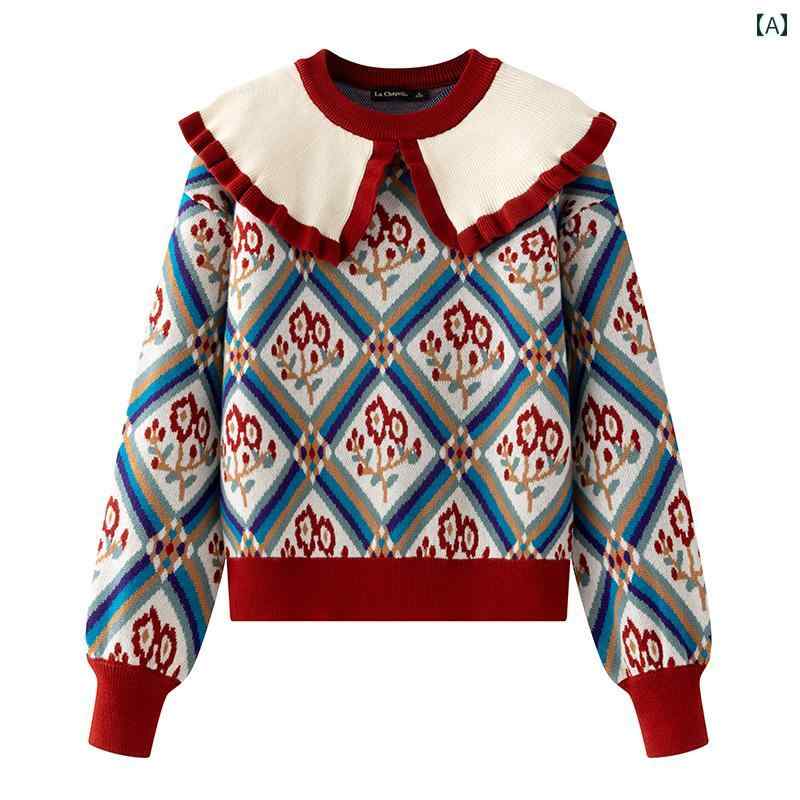 レディース ファッション トップス レトロ プリント ドールカラー セーター トップ コート 冬 ゆったり