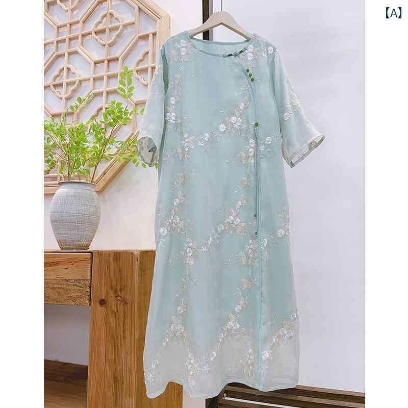 レディース 夏 チャイナ ドレス ゆったり 大きいサイズ マザー 普段使い 体型カバー ワンピース 中華風 刺繍 女性 スタイル レトロ ディスク ボタン ロング スカート