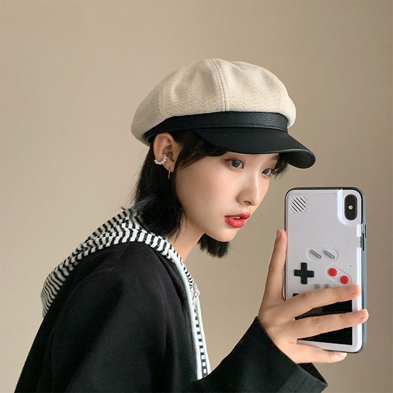 秋 冬 ベレー 帽 女性 PU レザー ベージュ 帽子 英国 レトロ 韓国 万能 八角形 帽子 画家帽子