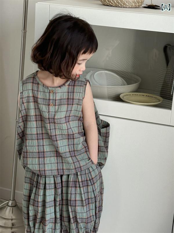 子供服 男の子 女の子 子供用 スーツ 夏 チェック柄 綿麻 ベスト ブルマ 2点 セット 赤ちゃん レトロ 夏服