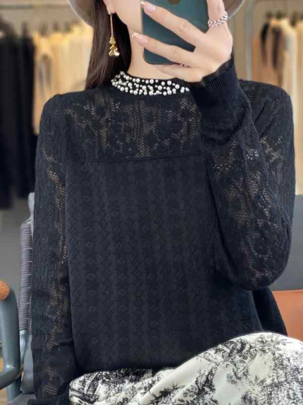 トップス シャツ レディース カジュアル セーター スタイリッシュ 春夏 ラウンドネック レース ビーズ ..