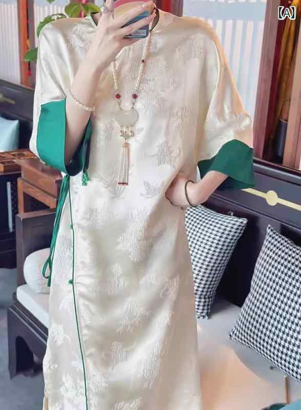 レディース 夏 チャイニーズ スタイル ワンピース おしゃれ 上品 婦人服 中華風 ジャカード ドレス レトロ バックル スカート 女性 ハイエンド チャイナ