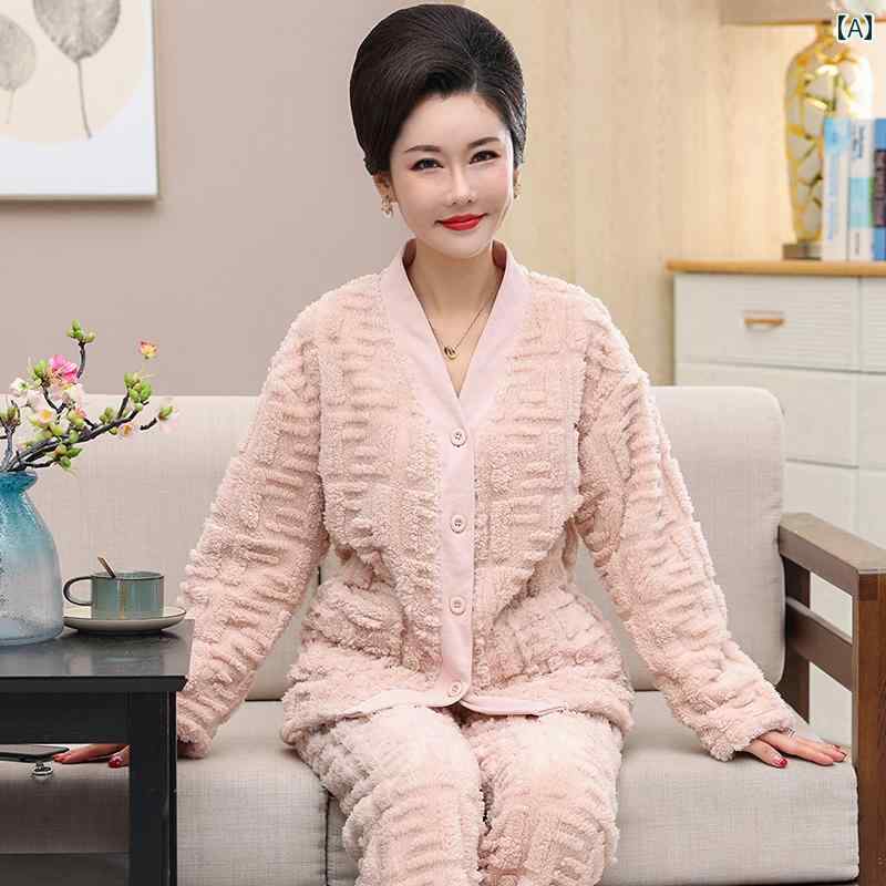 レディース パジャマ ナイトウェア 秋冬 冬 コーラル フリース 厚みある 裏起毛 暖かい フランネル ホーム 服 母
