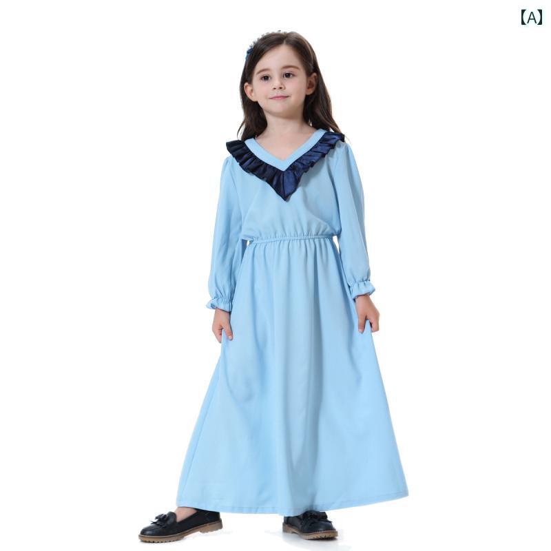 スカート ドレス キッズ エスニック衣装 パキスタン インドネシア 女の子 長袖 Vネック ロング 継ぎ 合わせ 回 会 小さい 女の子 大きい 子供