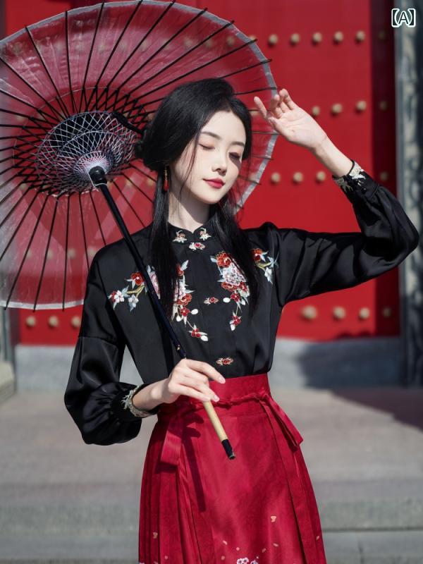 漢服 シャツ ブラウス スカート 大人かわいい 民族衣装 レディース チャイナ風 刺繍 シャツ 中国風 ダブルブレスト スタンドカラー レディース ホーススカート エレガント おしゃれ