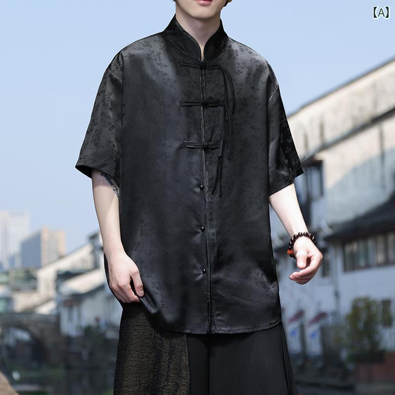 カンフー着 メンズ トップス かっこいい チャイナ風 唐装 夏 薄手 涼しげ 半袖 シャツ レトロ バックル 漢服 大きめサイズ