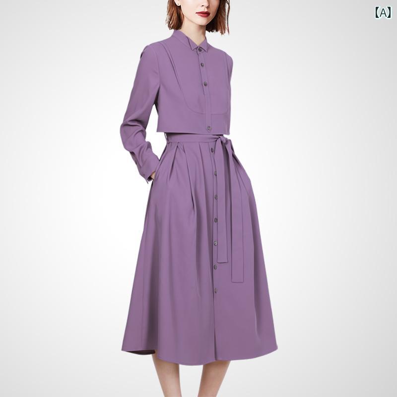 フランス パープル ドレス 丈 スリム 婦人服 春秋 エレガント おしゃれ 長袖 きれいめ 上品 デート フェミニン(4)