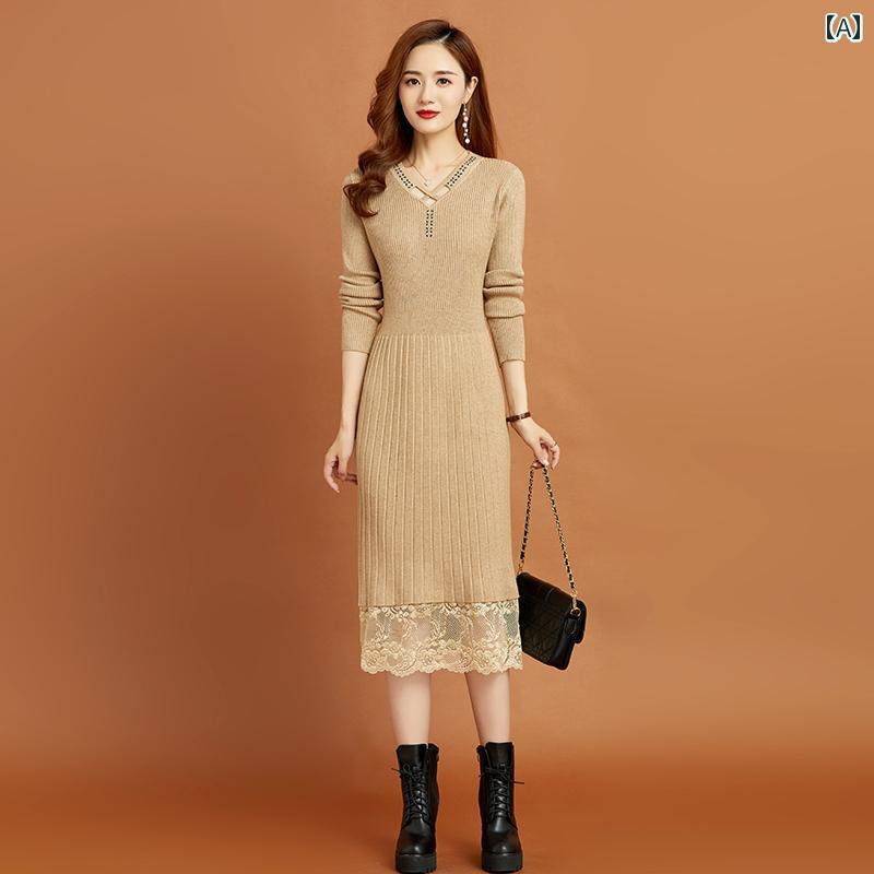 レディース ワンピース きれいめ 上品 婦人服 マザーズ 秋冬 韓国 女性 ドレス V ネック 膝上 ボトム ウール セーター ミドル丈 コート 着用