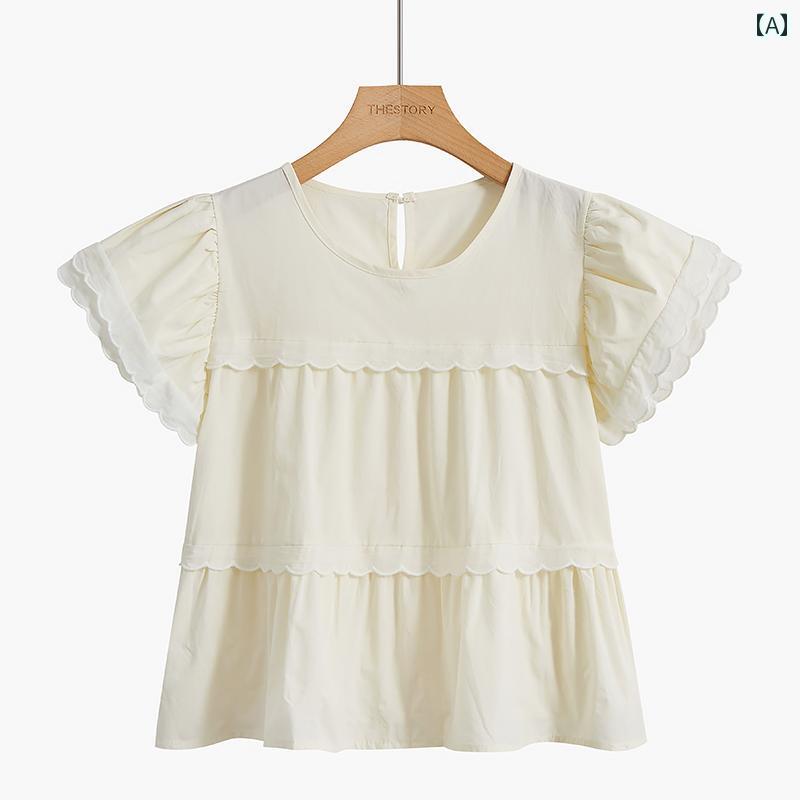 シャツ トップス レディース ファッション カジュアル 普段使い グリーン おしゃれ 夏 レース ショート ベビー ドール 半袖 パフスリーブ 女性