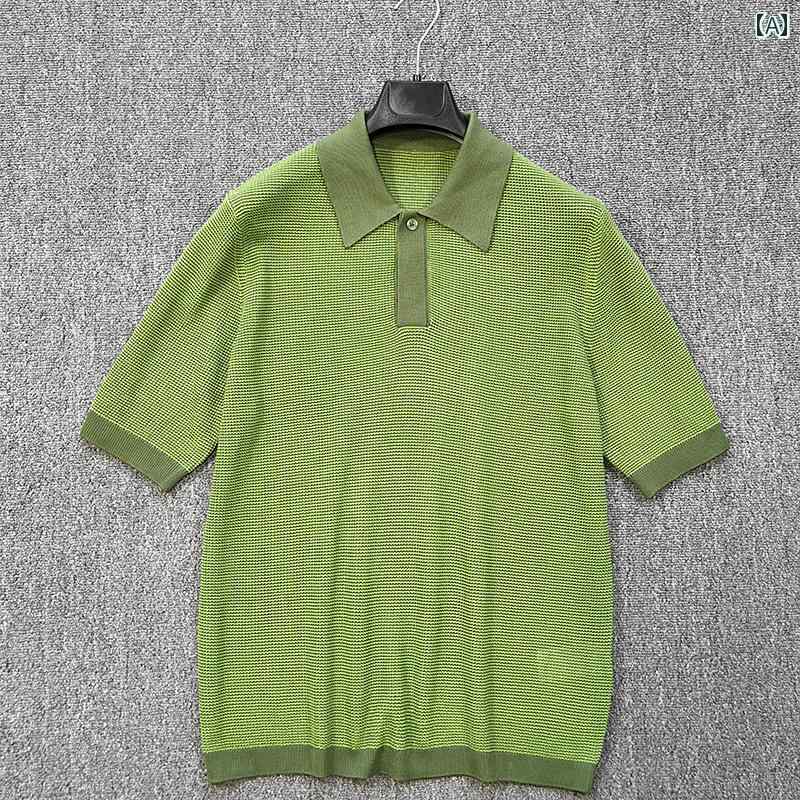メンズ 夏 カジュアル ポロシャツ スポーツ 高級感 ワッフル 立体 先 染め おしゃれ ニット T シャツ
