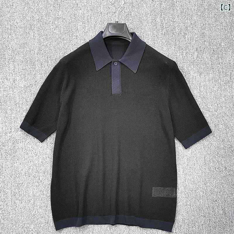 メンズ 夏 カジュアル ポロシャツ スポーツ 高級感 ワッフル 立体 先 染め おしゃれ ニット T シャツ