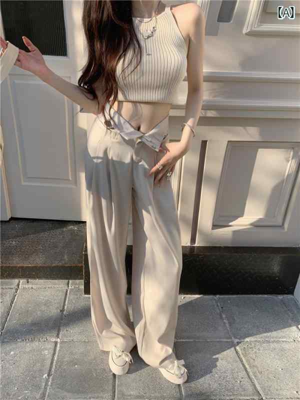 レディース カジュアル パンツ ボトムス スーパーハイウエスト 白 スーツ ワイド レッグ 春秋 薄手 小さい ドレープ ハイエンド アメリカン