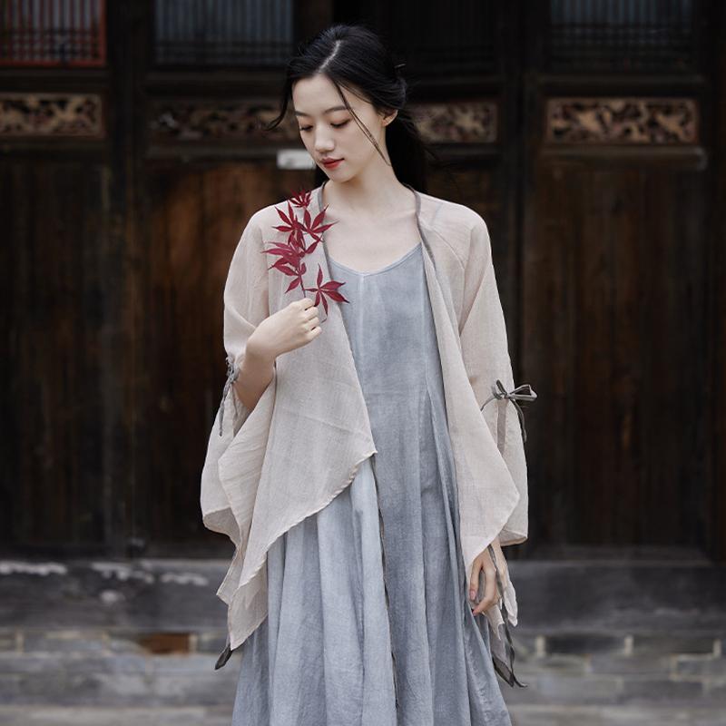 レディース ファッション フェアリー チャイナ風 ライト 漢服 トップス ジャケット 不規則 プリーツ レースアップ 日焼け防止 カーディガン アウター ベルスリーブ 九分袖