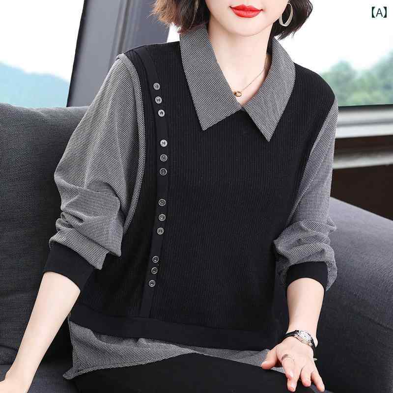 フェイク トップス レディース 春秋 マザー 長袖 Tシャツ ニットレイヤリングシャツ カラーブロッキング カジュアル プリント