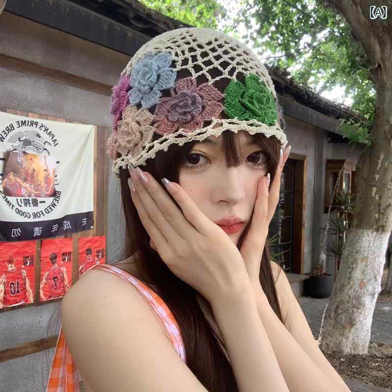 レディース 夏 ニット帽 春 蕓術(shù)的 カラフル 花 ファッション エスニック ニット トゥ キャップ
