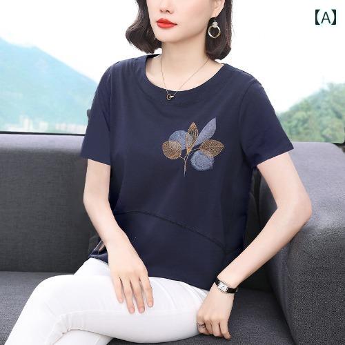 レディース 夏 カジュアル T シャツ 半袖 マザーズ 婦人服 おしゃれ 普段使い 女性 t 刺繍 ゆったり 高齢者 服 トップス 大きいサイズ 多目的(4.0)
