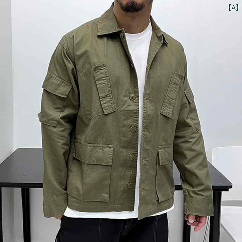 メンズ カジュアル ファッション キャンプ マルチ ポケット 生地 ワークウェア ジャケット 春秋