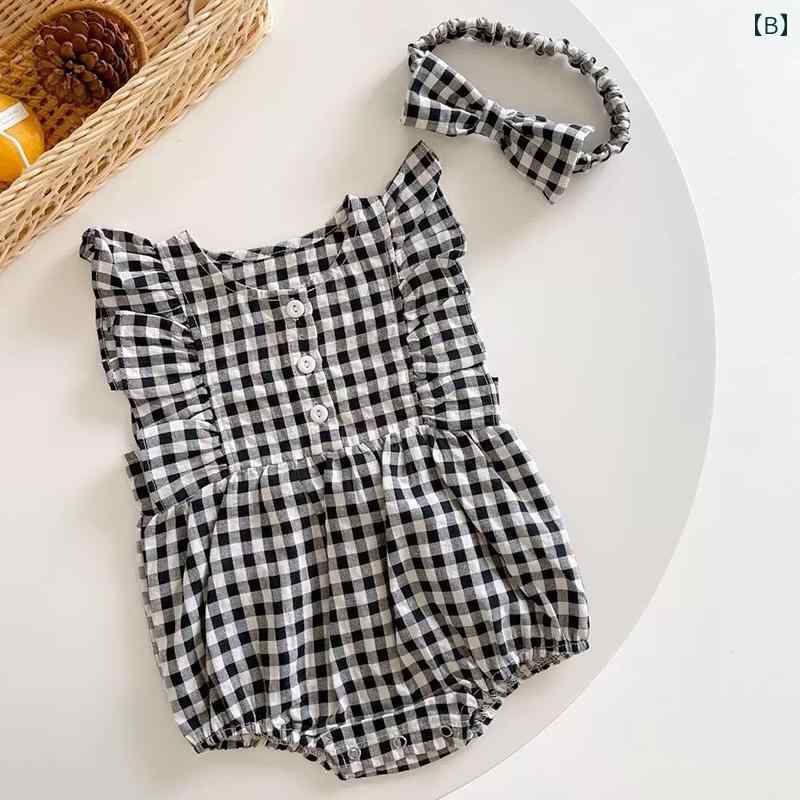 ロンパース ベビー服 ジャンプ スーツ 夏 薄手 女児 赤ちゃん チェック柄 かわいい 新生児 生後1ヶ月 100日 プリンセス 服