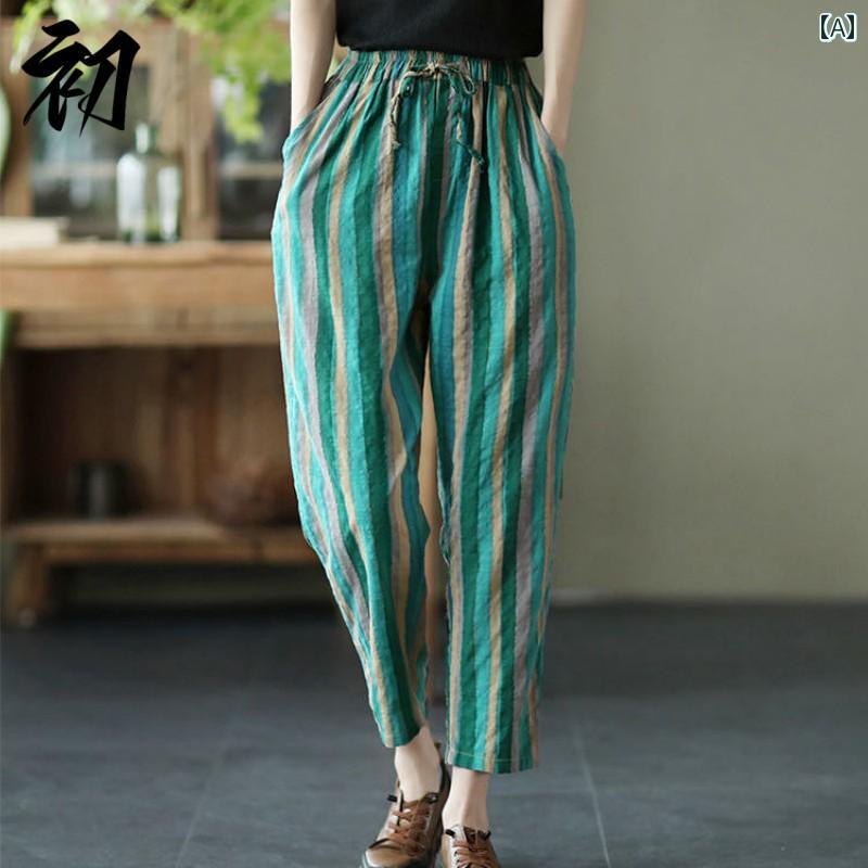 Capri Pants - 春夏 レトロ ストライプ コットン リネン レディース パンツ ハイウエスト カラー スリミング ドレープ 九分丈 ウエストゴム ウエスト紐