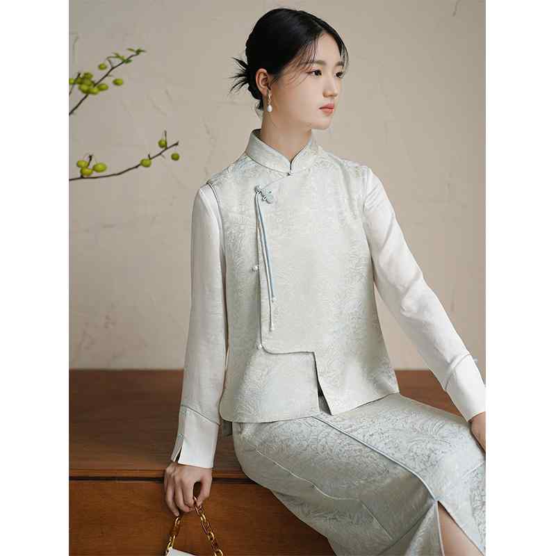 秋 冬 中華風 トップス 女性 中華風 ジャカード ショート スタンドカラー プレート バックル アウターベスト ベスト スーツ(4.0)