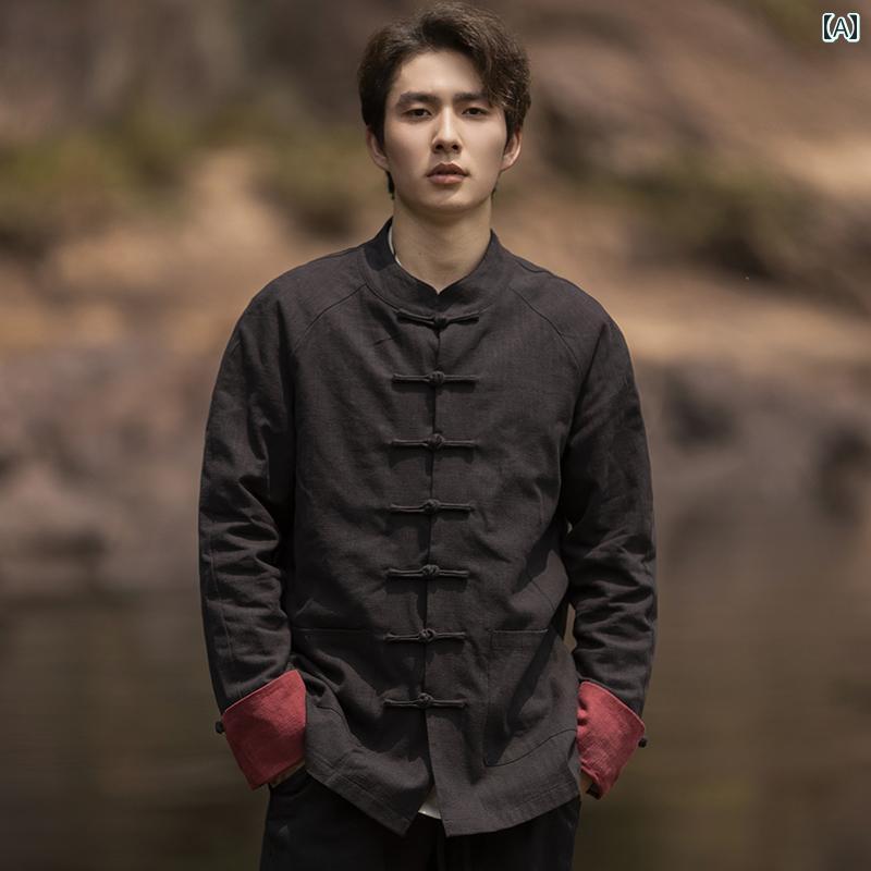 メンズ 武術着 功夫 太極拳 トップス チャイニーズ スタイル 袖口 チュニック スーツ プレート バックル 唐 春秋 ジャケット