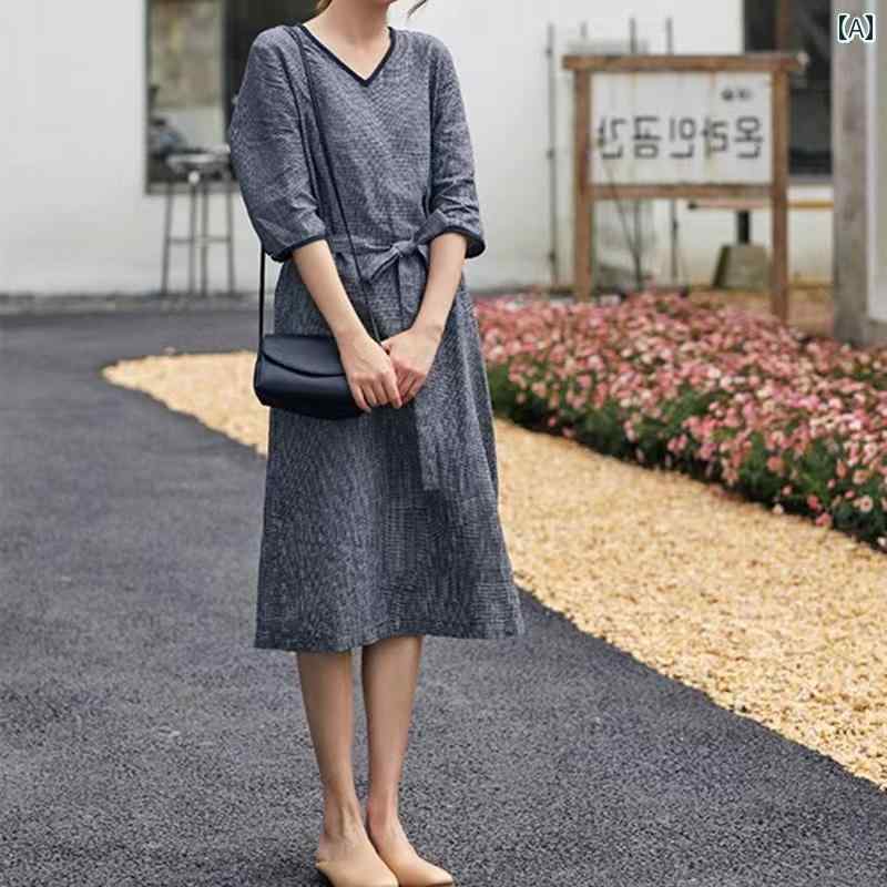 レディース 夏 カジュアル ワンピース レトロ スタイル V ネック リネン ドレス サマードレス ゆったり ミドル丈 チェック柄 スカート 通勤 シンプル 婦人服
