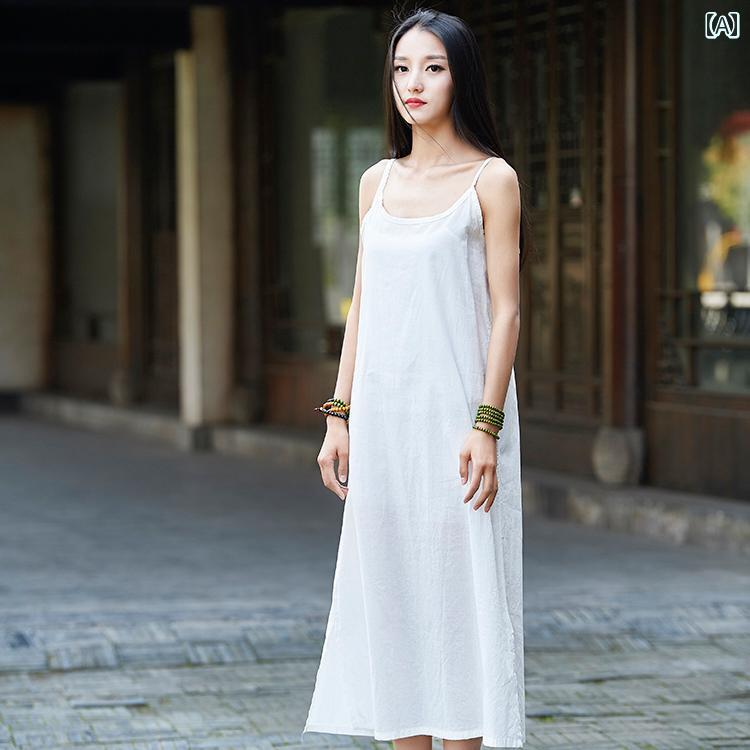 レディース 夏 ファッション レトロ 中華風 インナー キャミソール スカート 女性 裏地 シャツ 綿 リネ..