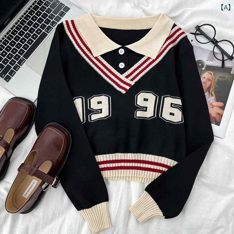 レディース カジュアル トップス レトロ カレッジ ポロ ショート 長袖 セーター 秋