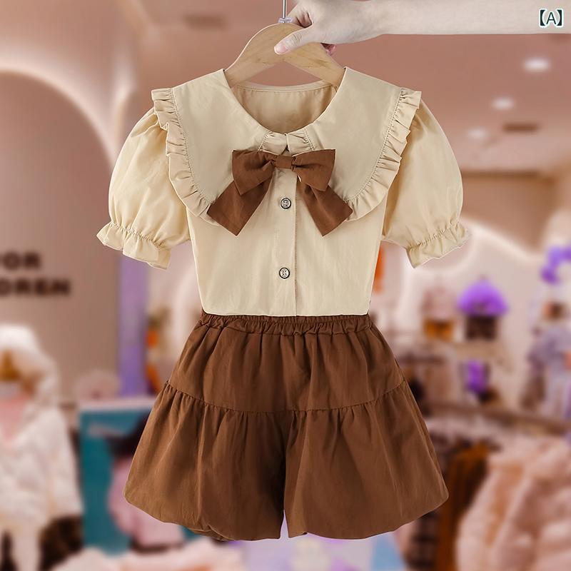 シャツ キッズ ウェア セットアップ ガールズ スーツ 夏 ボウ ショーツ 子供服 小さい ガールズ 綿 2点 セット