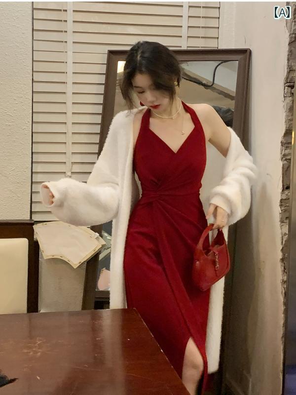 レディース ワンピース レトロ ホルター ドレス 秋冬 ニット 魅惑的 背中 開いた スリット プリーツ シック サスペンダー スカート