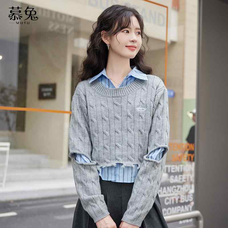 トップス レディース ファッション リッピング ホール セーター ストライプシャツ 2点 セット 女性 秋 レイ ヤード ニット スーツ