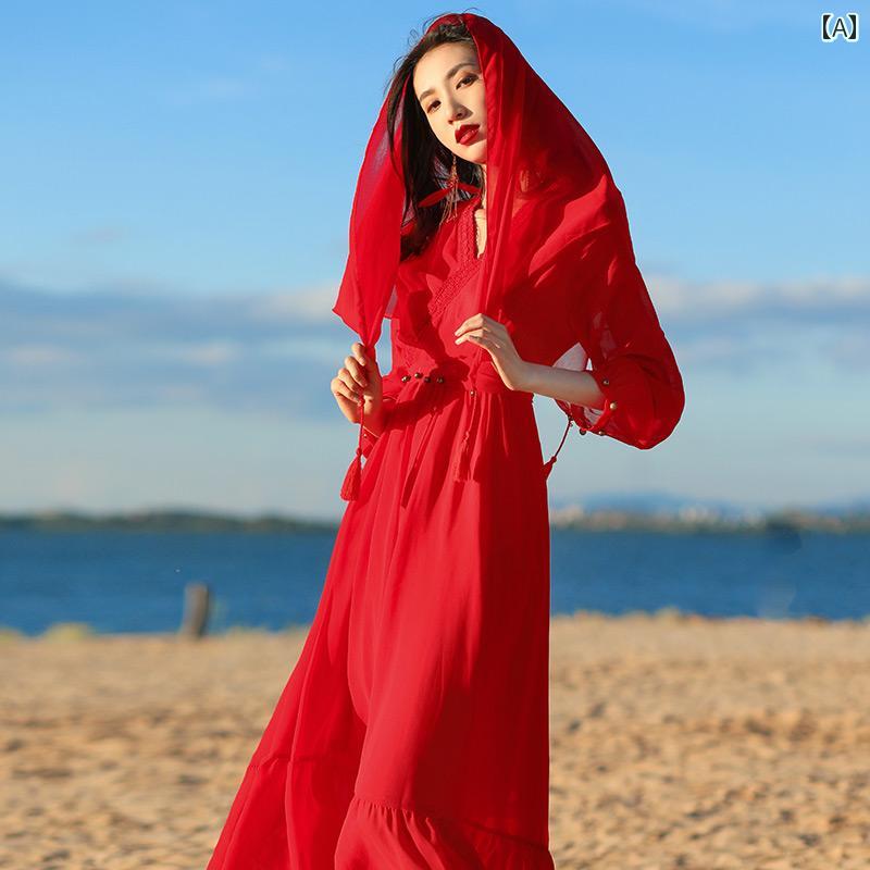 レディース 夏 リゾート ワンピース ビーチ スカート 女性 スーパー フェアリー ドレス 赤い 砂漠 エキゾチック 旅行 写真 エレガント ロング