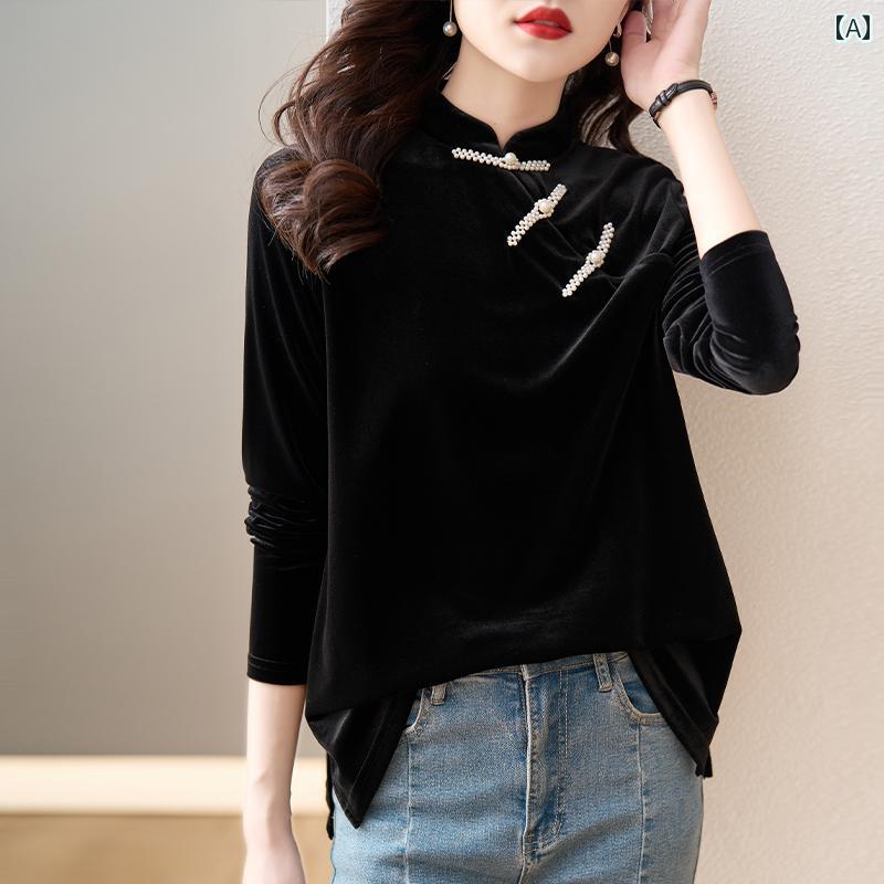 レディース トップス おしゃれ チャイニーズ スタイル レトロ スタンドカラー チャイナ ドレス 春秋 長袖 中華風 ゴールド ベルベット シャツ