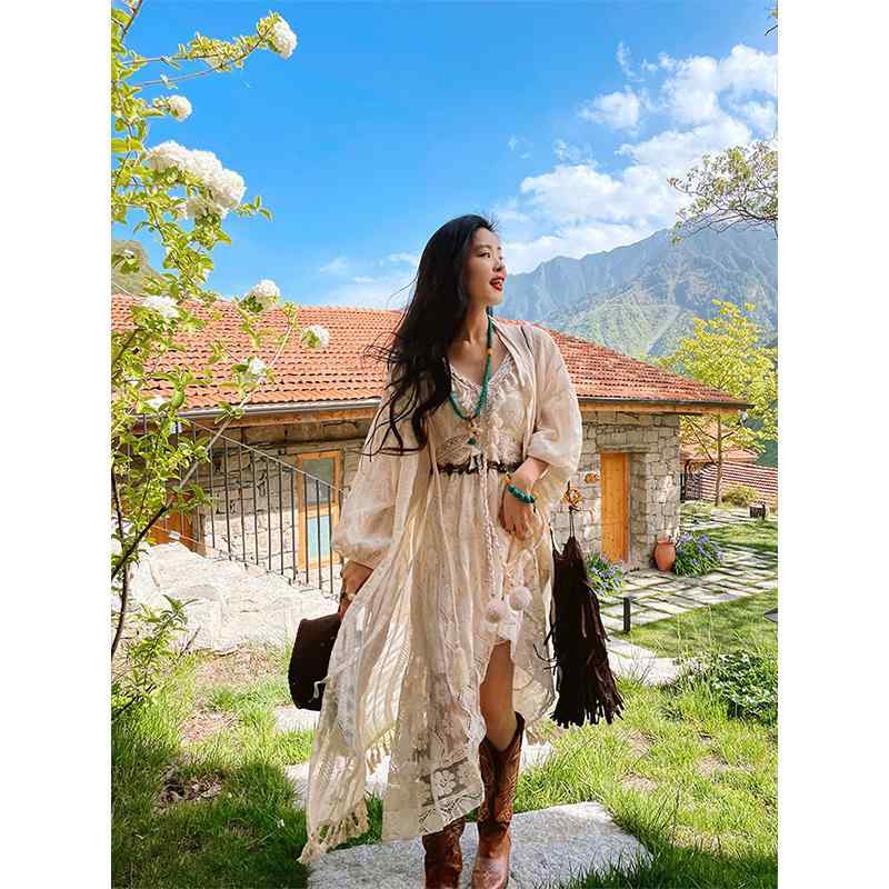 レディース ファッション ドレス セットアップ トップス ロング スカート カーディガン レディース タッセル レース ウェア 夏