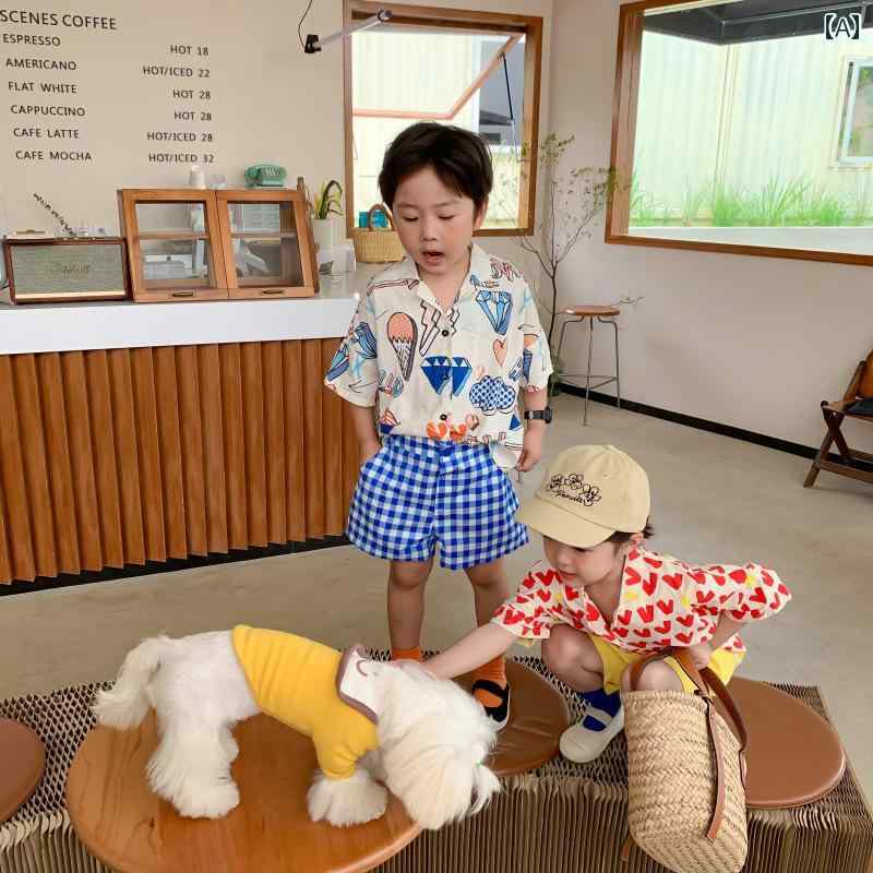 男の子 ガールズ用 子供用 半袖 サマー シャツ プリント スーツ カラー ベビー ウエスタン 牧歌 兄弟 姉妹 衣装