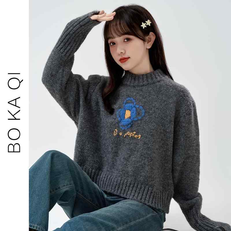 トップス レディース ファッション 冬 手 刺繍 プルオーバー セーター 女性 ガーリー カレッジ 厚手 暖かい セーター ショート