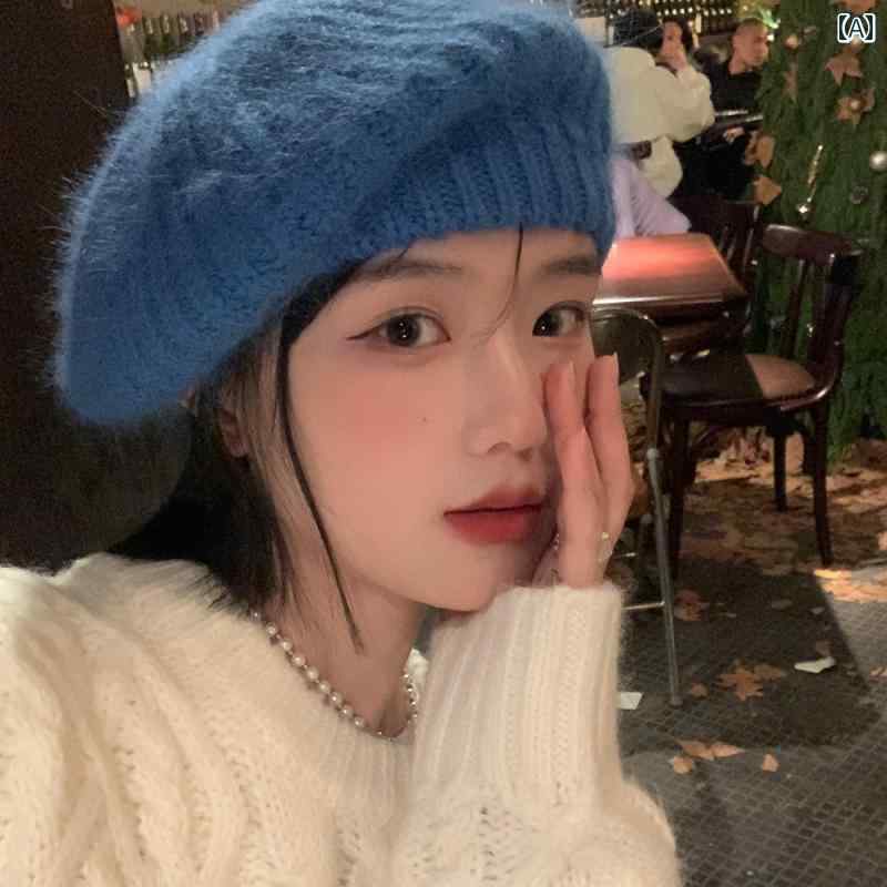 ベレー 帽 モヘア 女性 冬 韓国 大きい 頭囲 ニット ウール つぼみ 画家帽子 青い 小顔効果 帽子