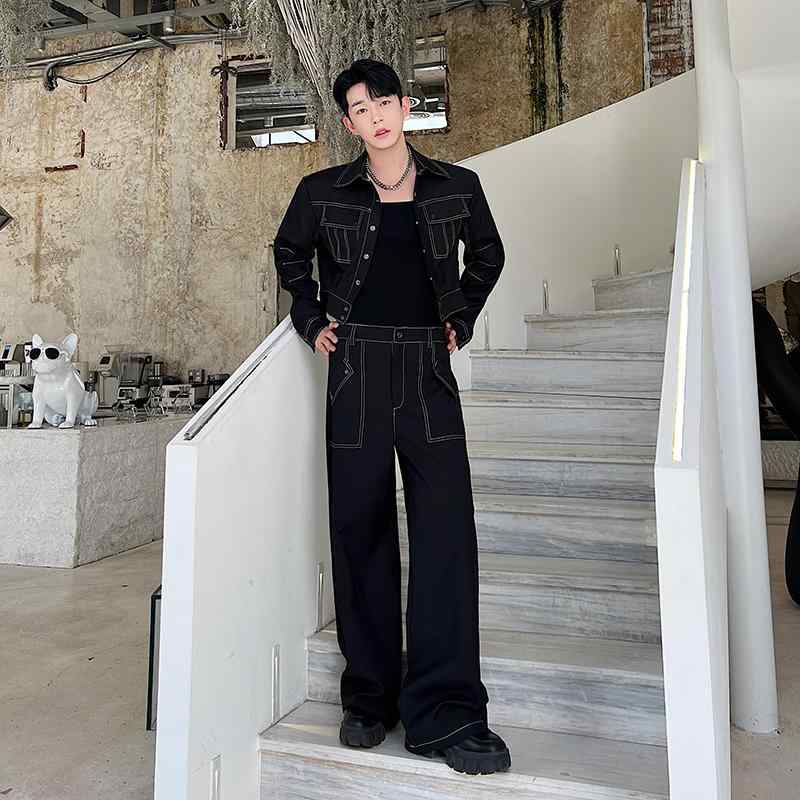 セット アップ 秋 コレクション トップス ステッチワーク ジャケット メンズ 韓国 ストレート パンツ2点セット