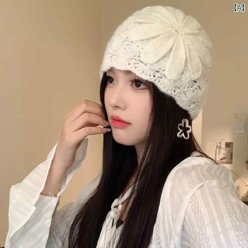 帽子 エスニック ボヘミアン レディース 秋冬 花 ニット キャップ 保温性 小さめ プルオーバー 編み ウール かわいい