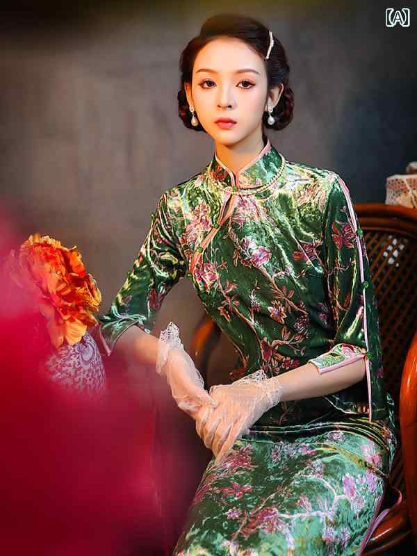 レディース チャイナ ドレス おしゃれ ワンピース コスプレ 撮影 衣装 グリーン 女性 上品 洗練 ハイエンド ミドル丈 美しい ベルベット